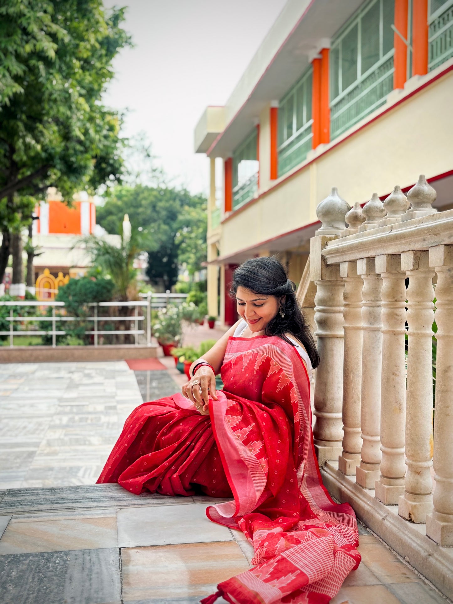 Blazing Red Linen Blend Saree