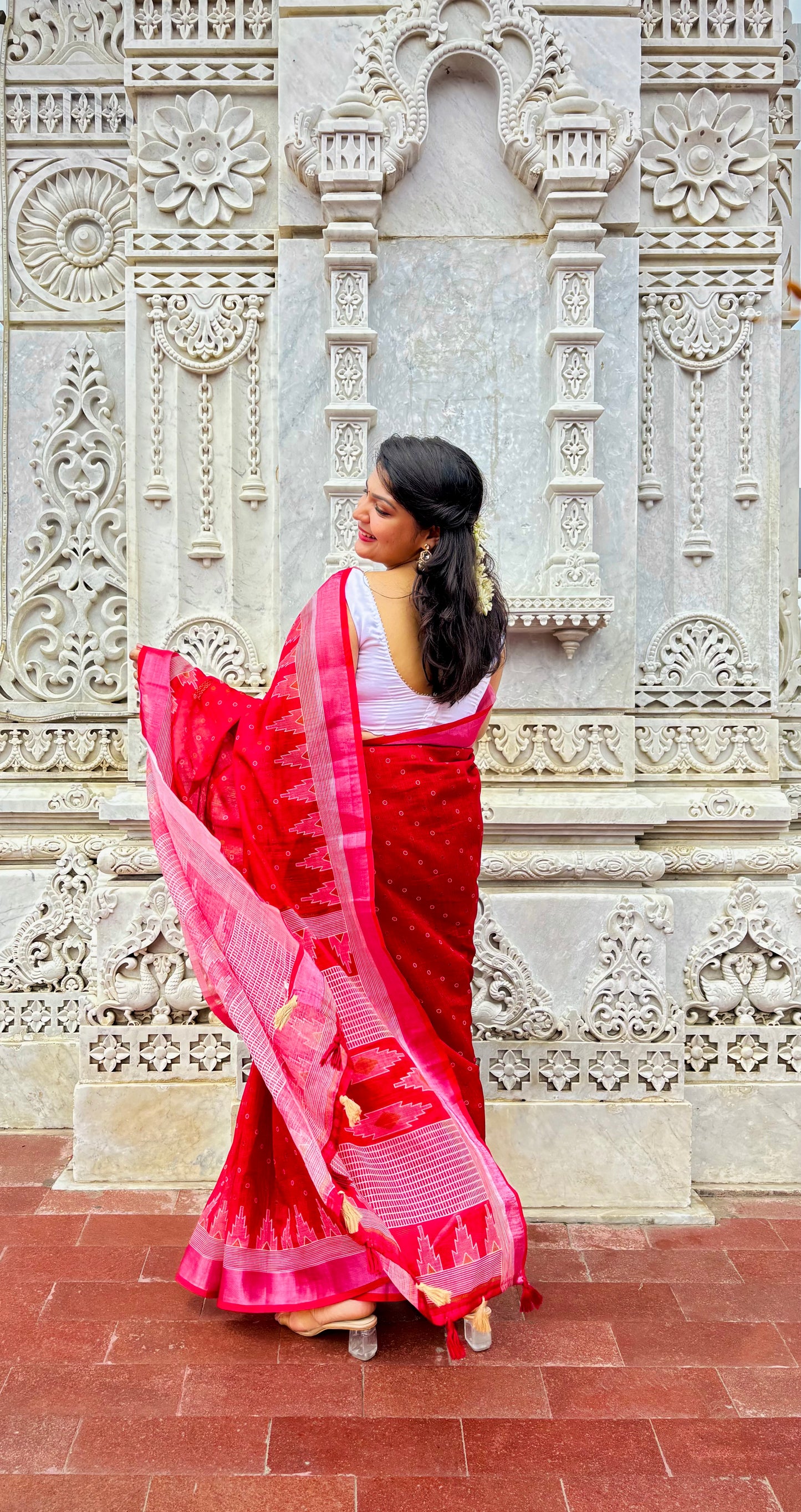 Blazing Red Linen Blend Saree