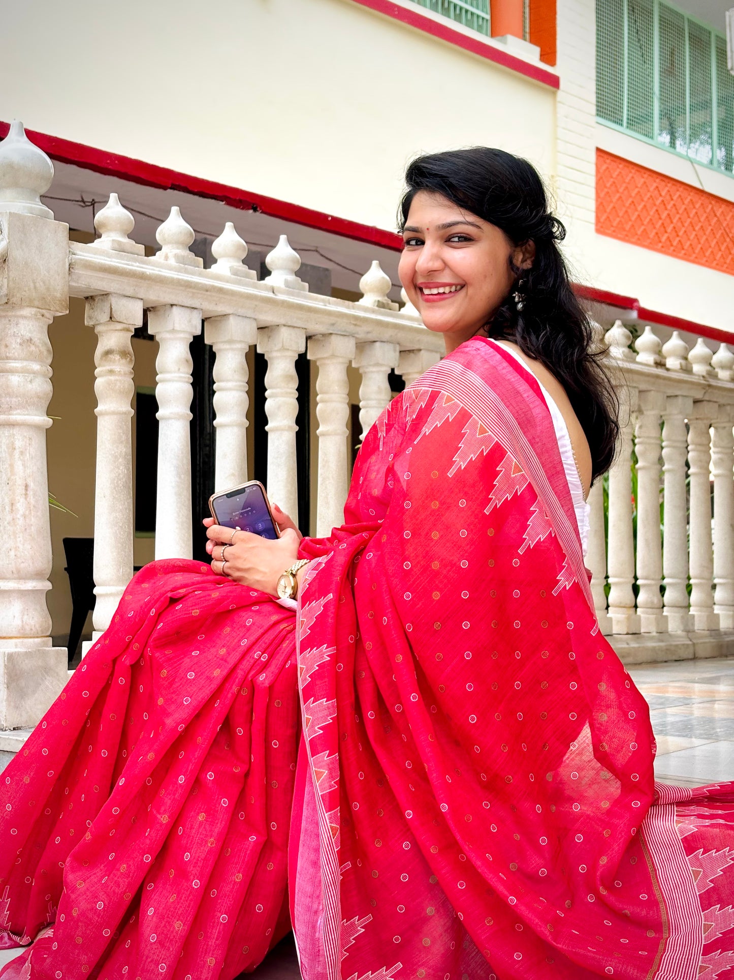 Blazing Red Linen Blend Saree