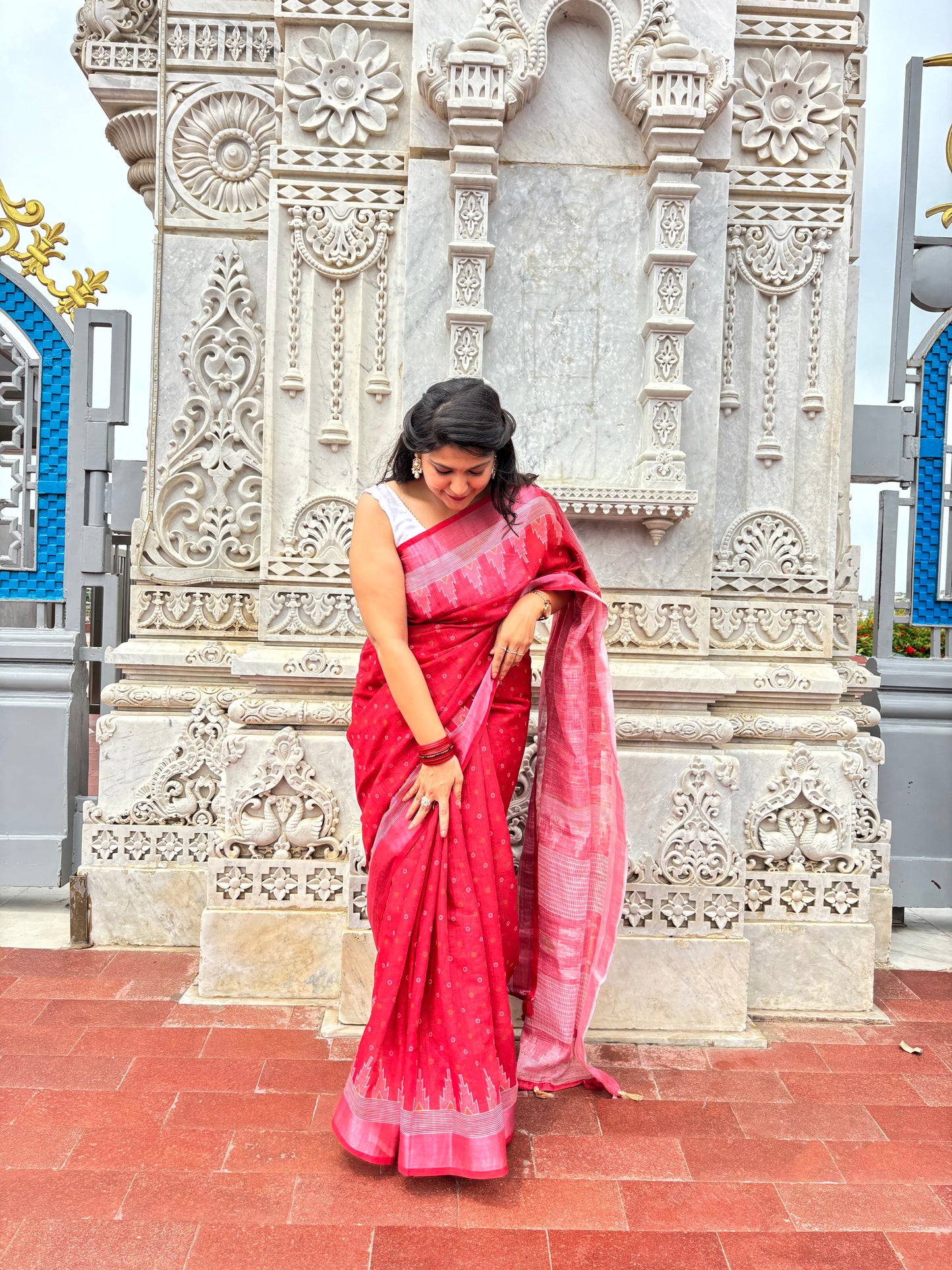 Blazing Red Linen Blend Saree