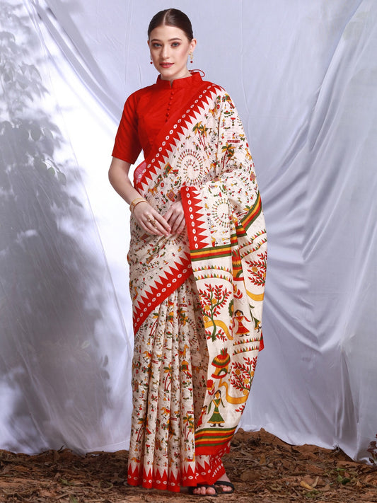 Red and White Printed Art Silk Saree