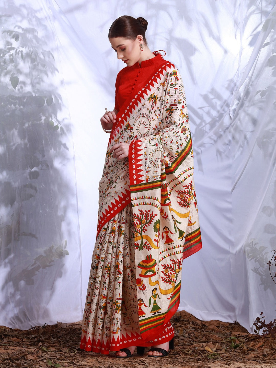 Red and White Printed Art Silk Saree