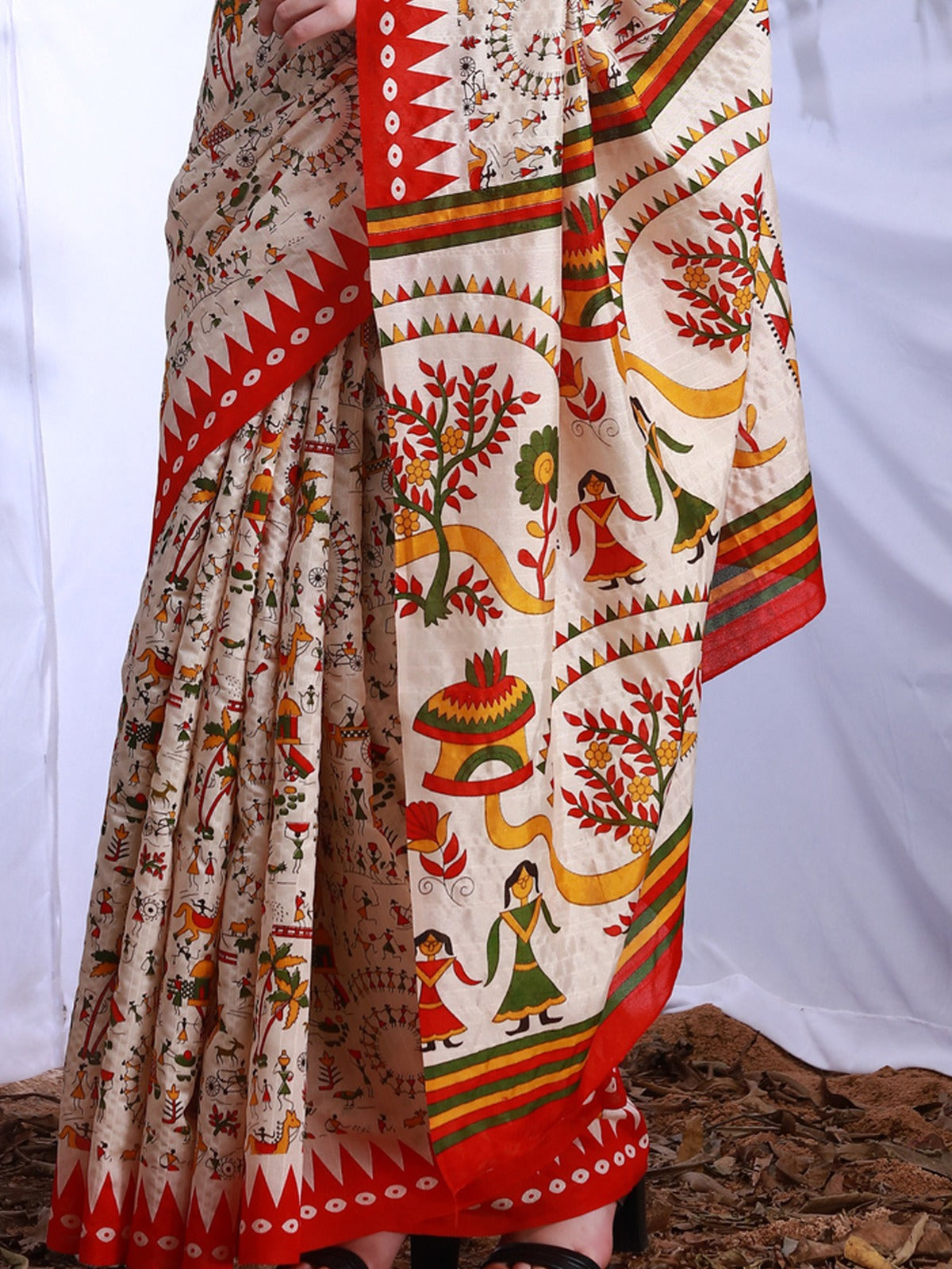 Red and White Printed Art Silk Saree