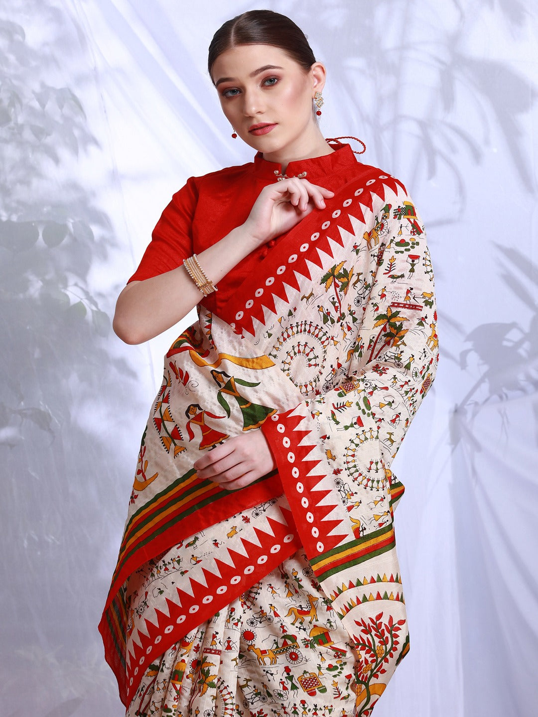 Red and White Printed Art Silk Saree