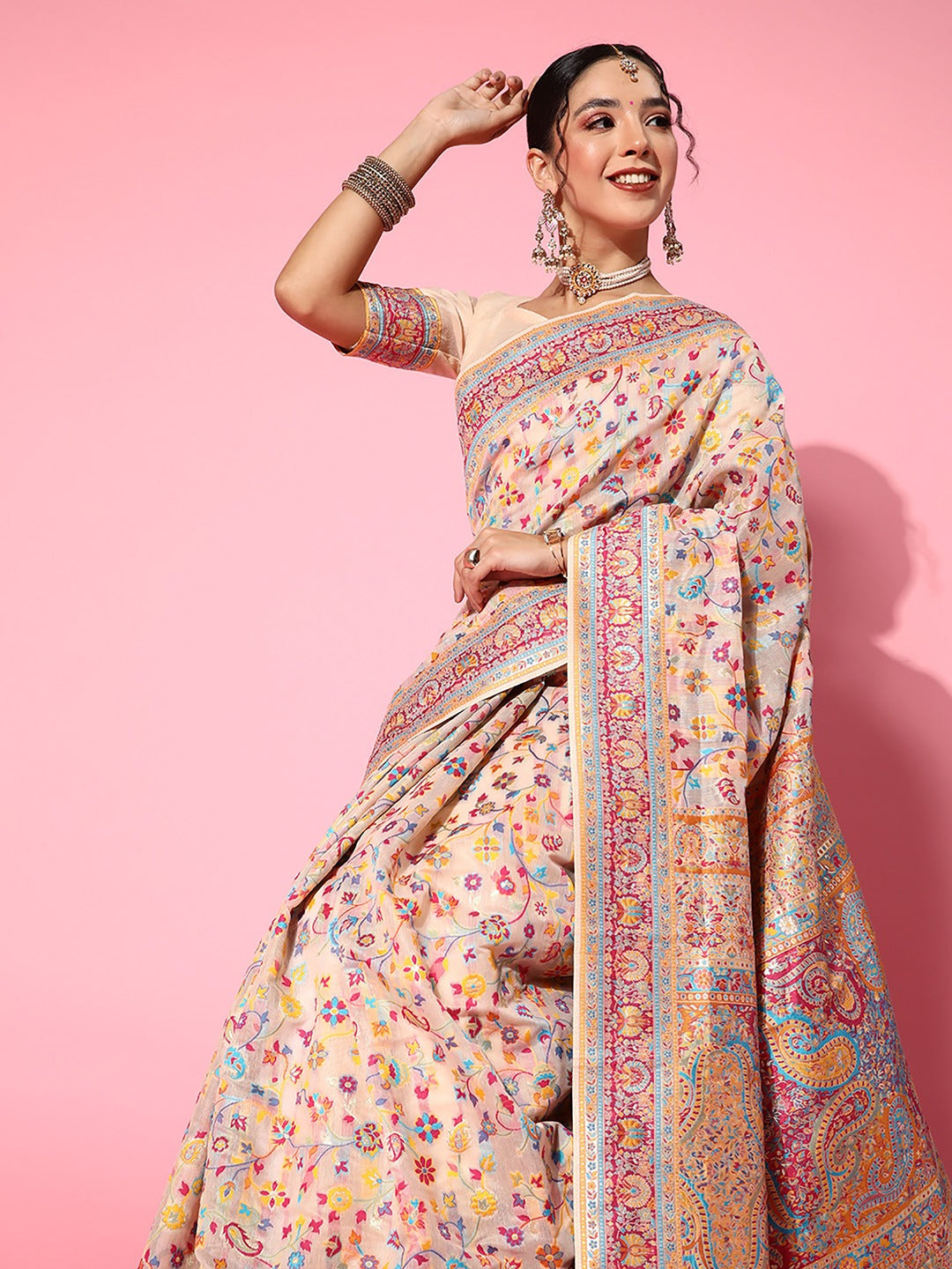 Beige Floral Silk Blend Banarasi Saree