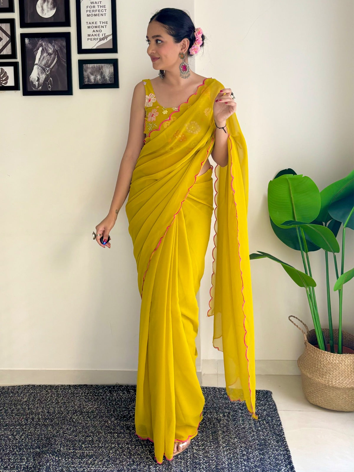 Embroidered Poly Georgette Solid Saree