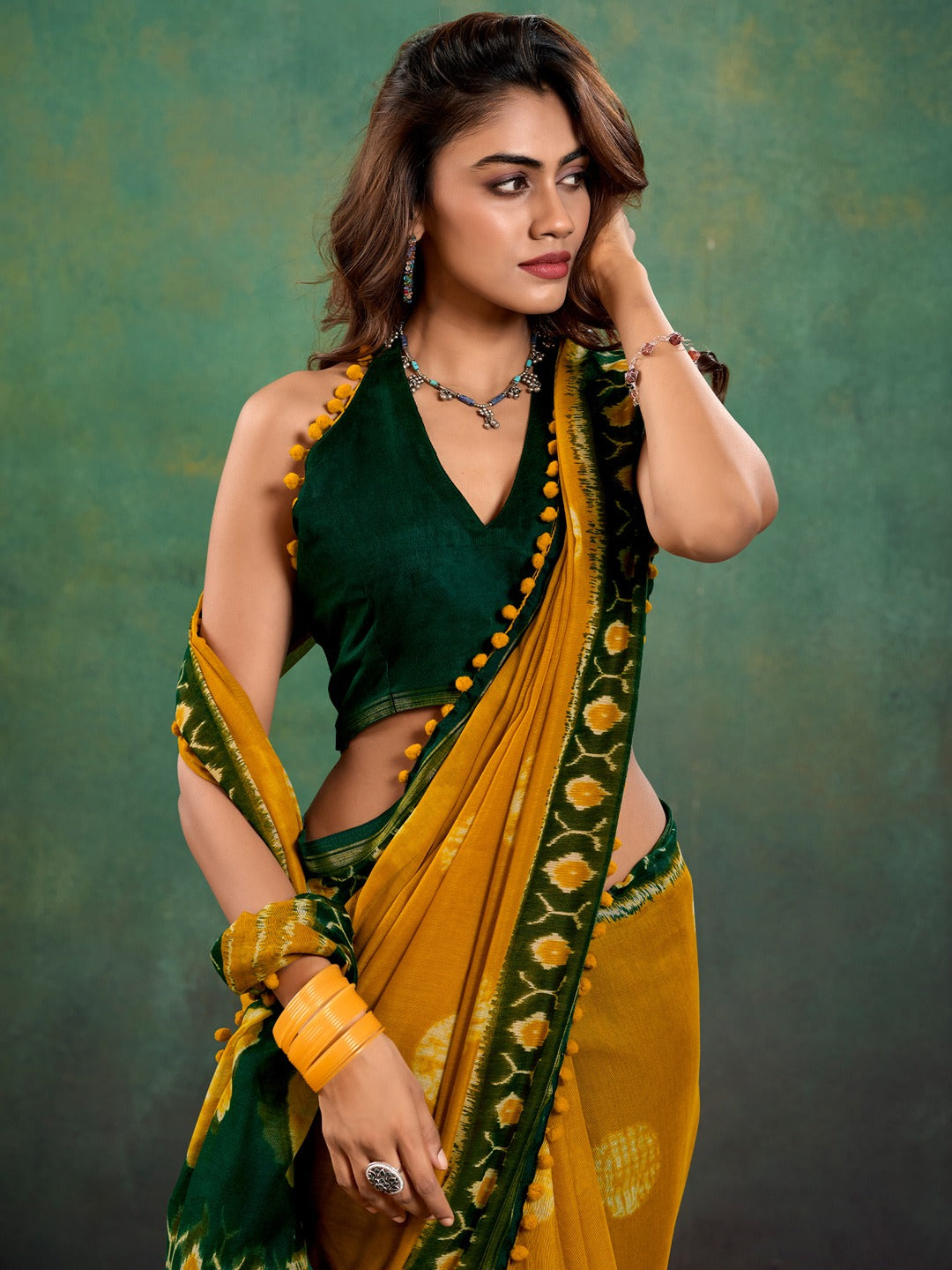 Mustard and Green Ethnic Motifs Bagh Sarees