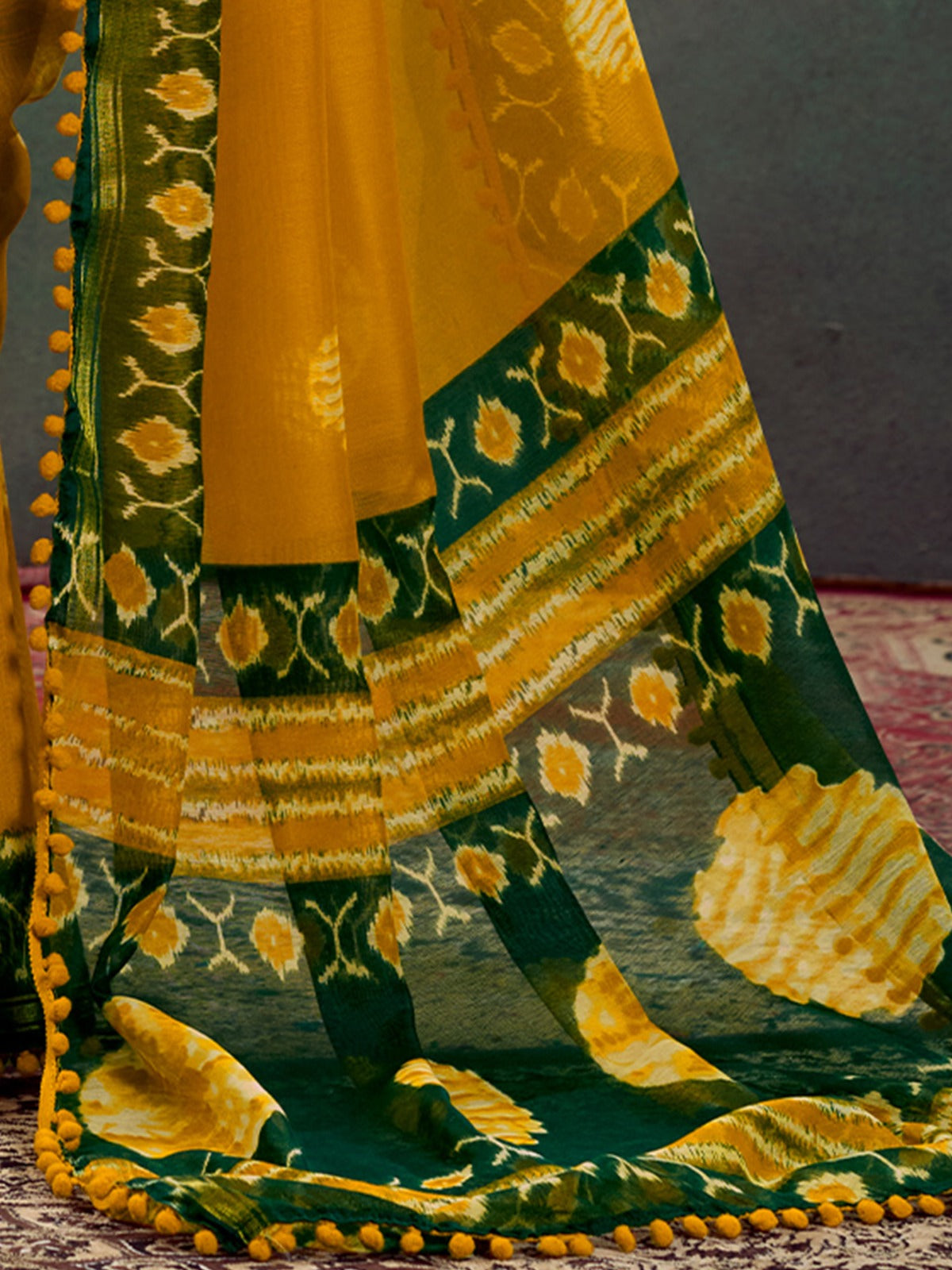 Mustard and Green Ethnic Motifs Bagh Sarees