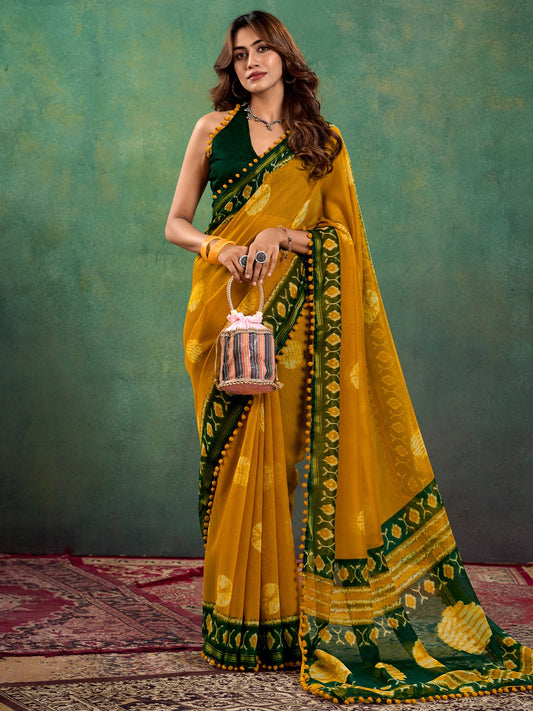 Mustard and Green Ethnic Motifs Bagh Sarees