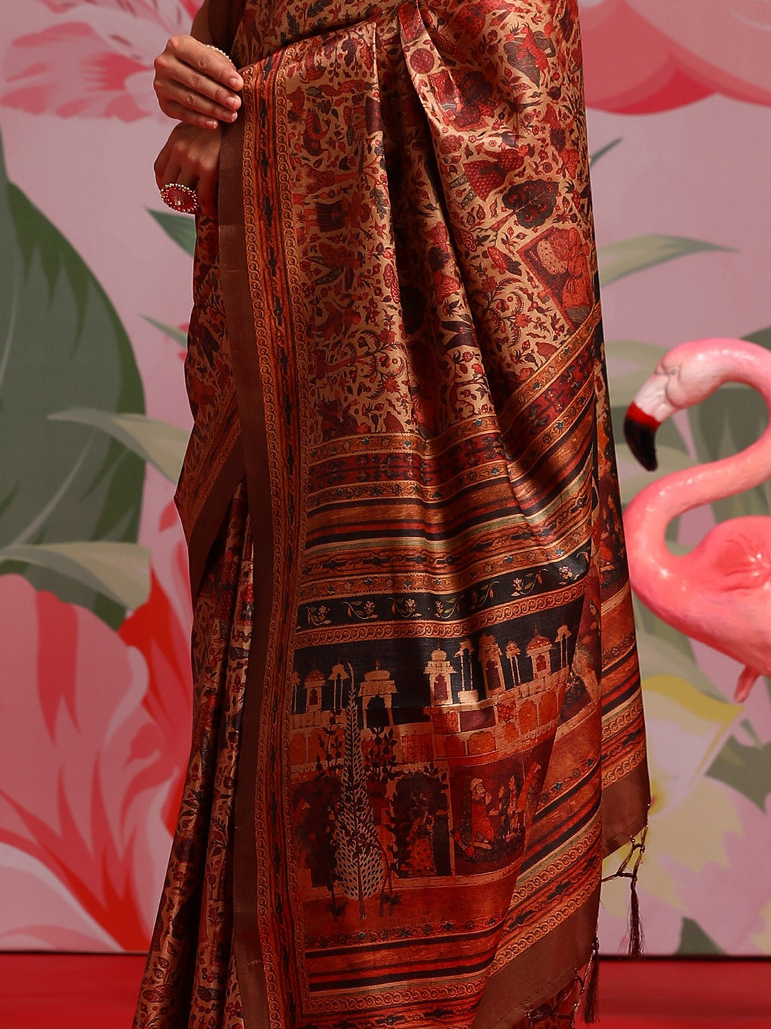 Beige & Red Ethnic Motifs Printed Saree