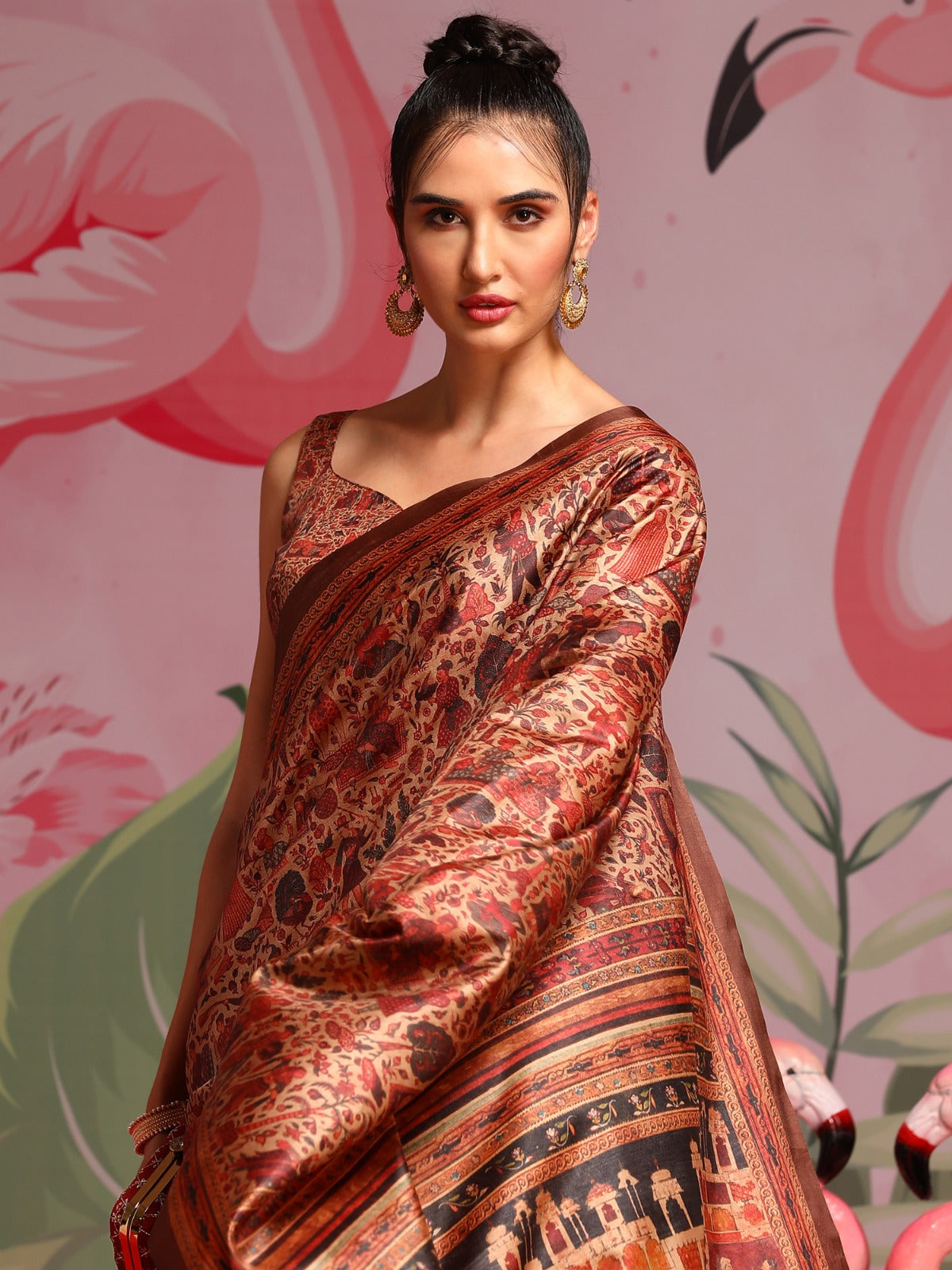 Beige & Red Ethnic Motifs Printed Saree