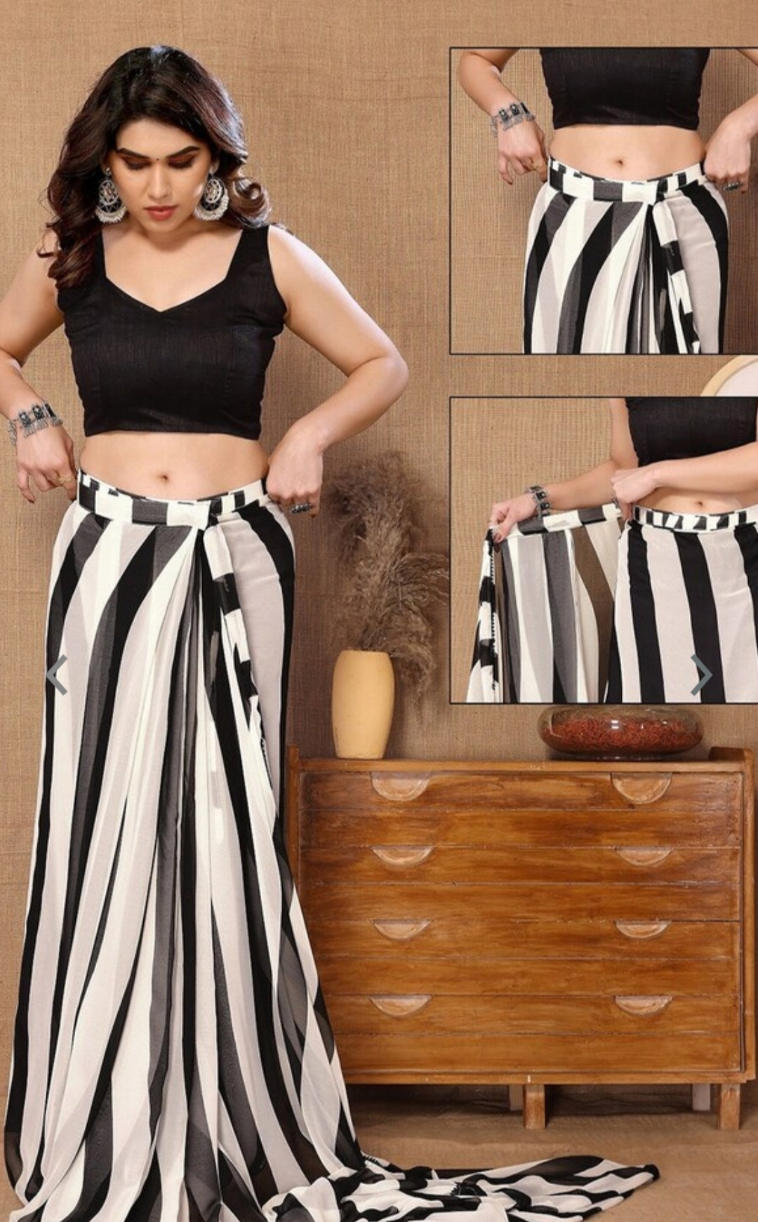 Black and White Striped Ready to wear Saree