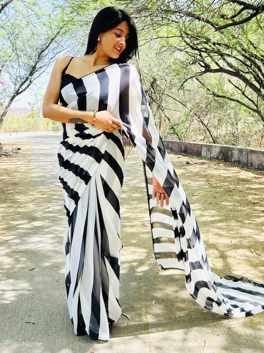 Black and White Striped Ready to wear Saree