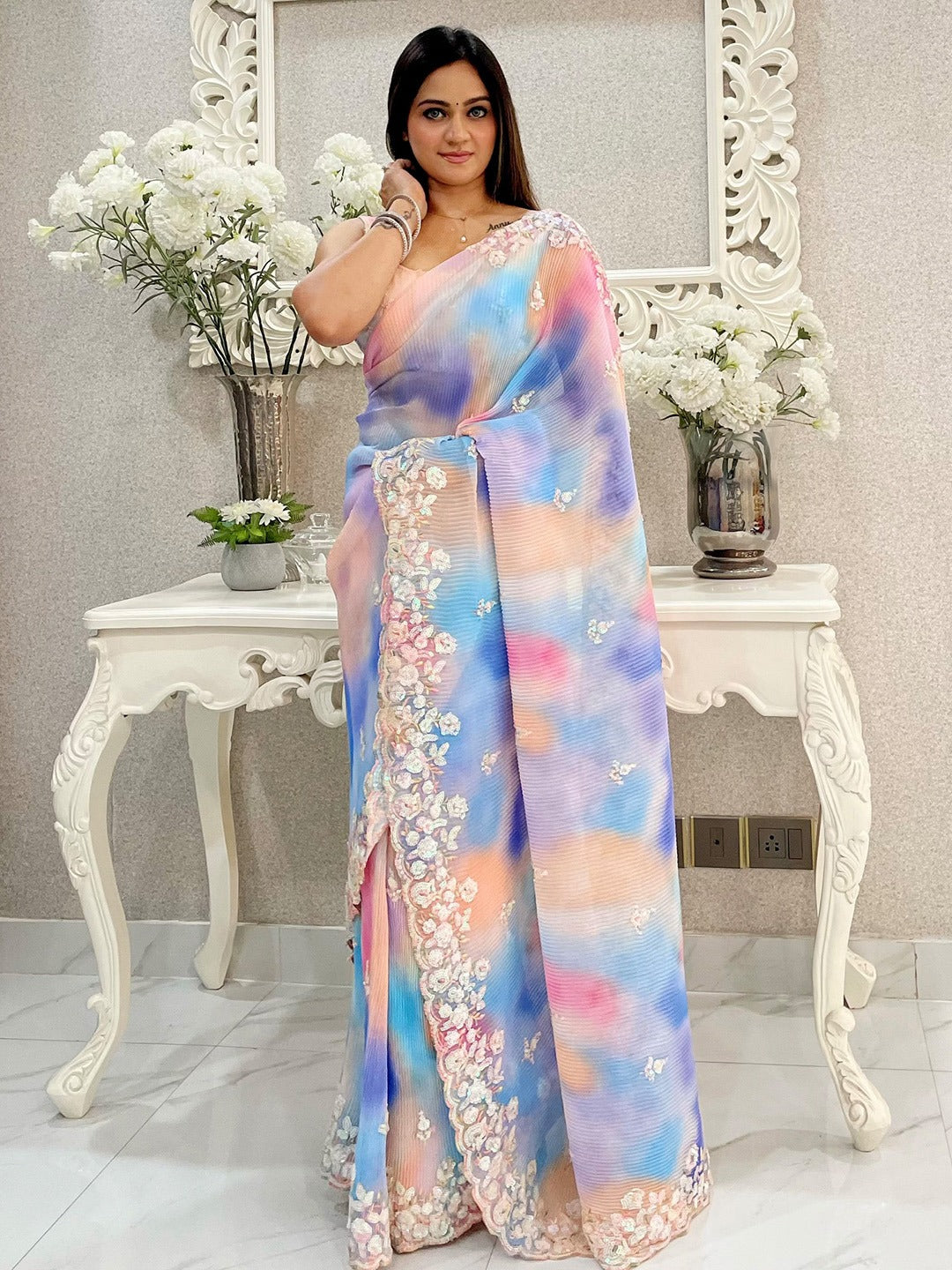 Embellished Sequinned Pure Georgette Saree