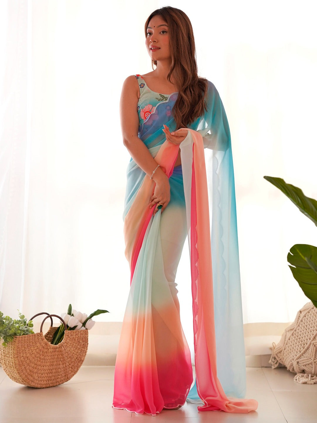 Ombre colorful Poly Georgette Saree