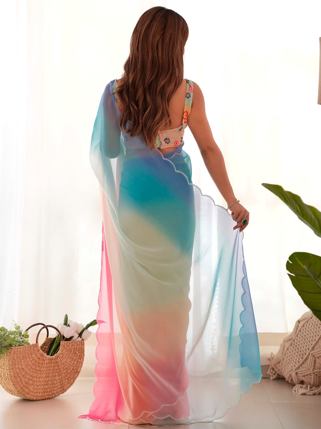 Ombre colorful Poly Georgette Saree