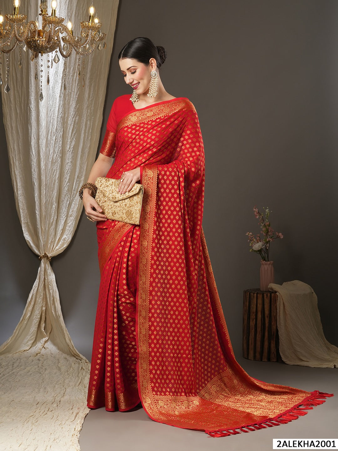 Red Zari Poly Georgette Kanjeevaram Saree