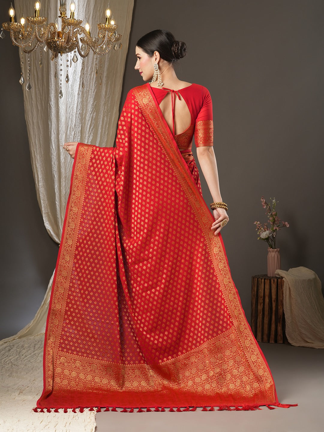 Red Zari Poly Georgette Kanjeevaram Saree