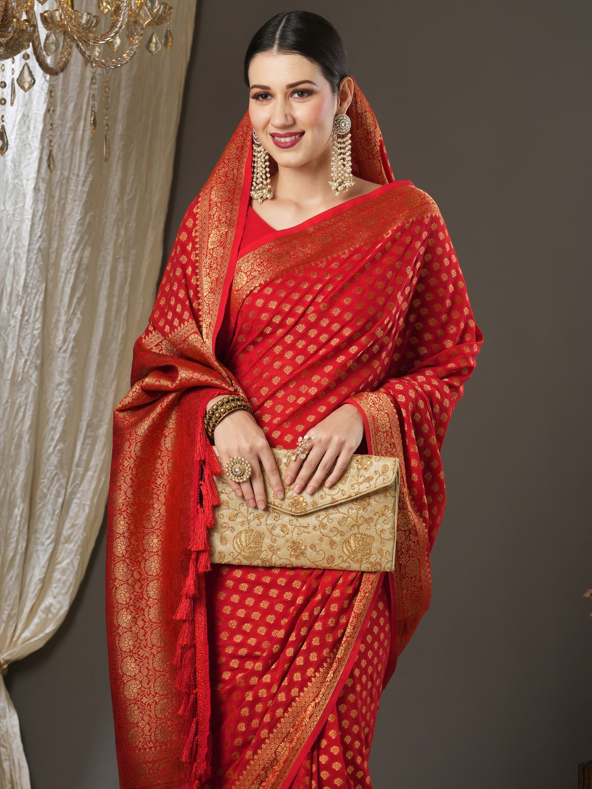 Red Zari Poly Georgette Kanjeevaram Saree