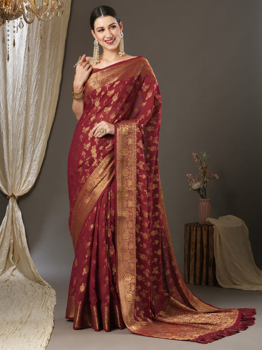 Maroon Festive Zari Kanjeevaram Saree