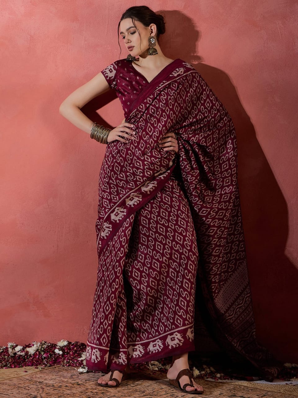 Ethnic Motifs Silk Blend Ikat Saree