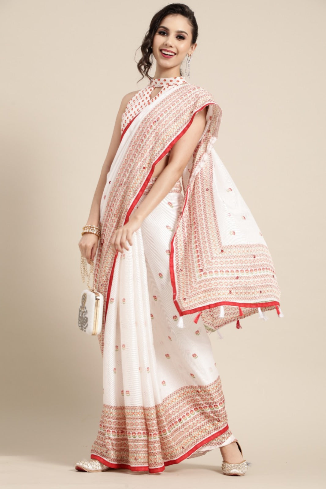 Red and White Silk Saree