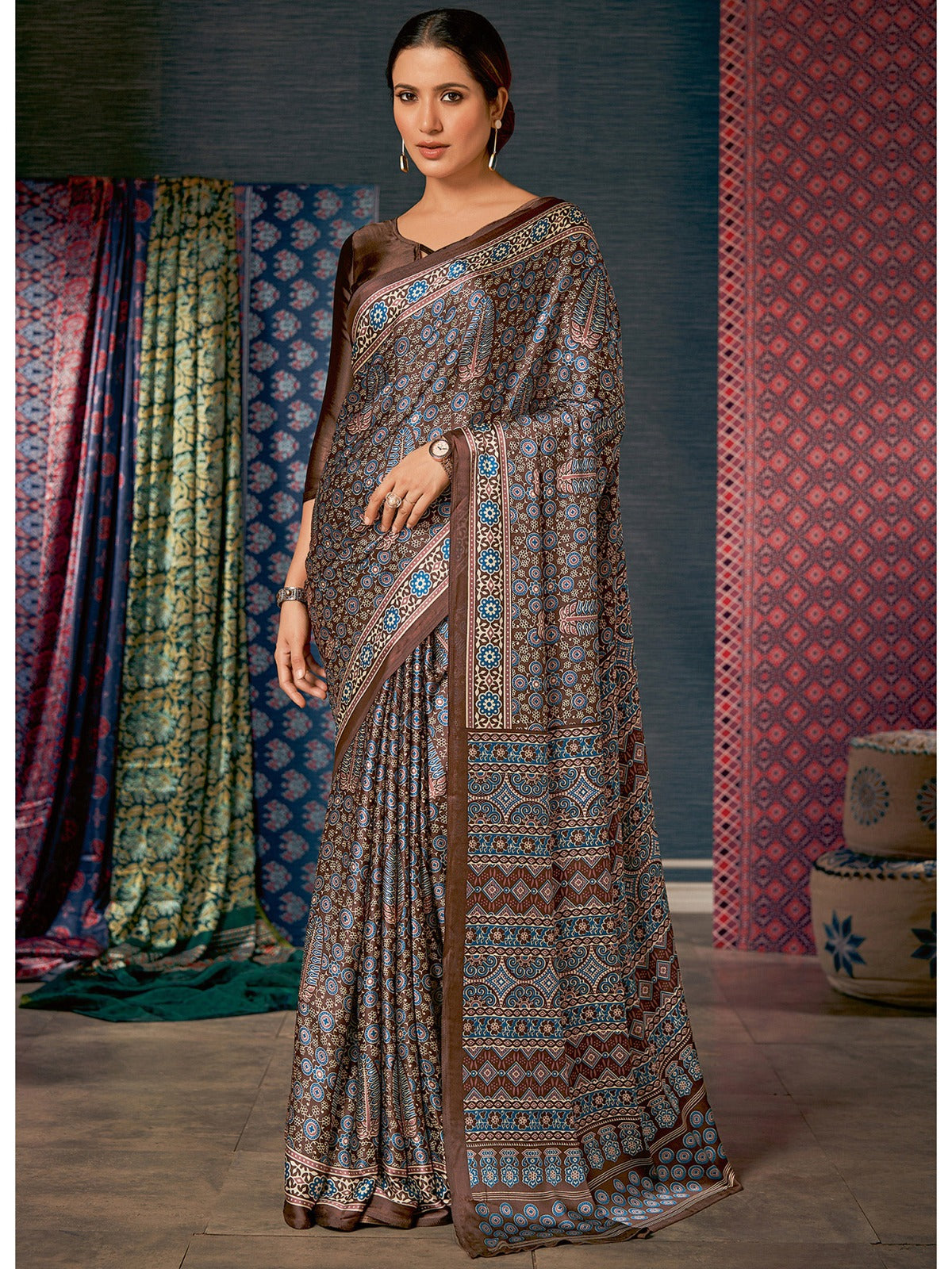 Brown & Teal Ajrak Poly Crepe Block Print Saree