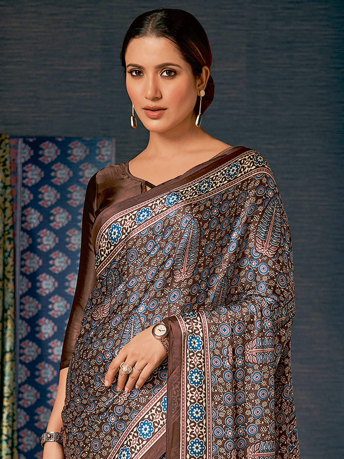 Brown & Teal Ajrak Poly Crepe Block Print Saree