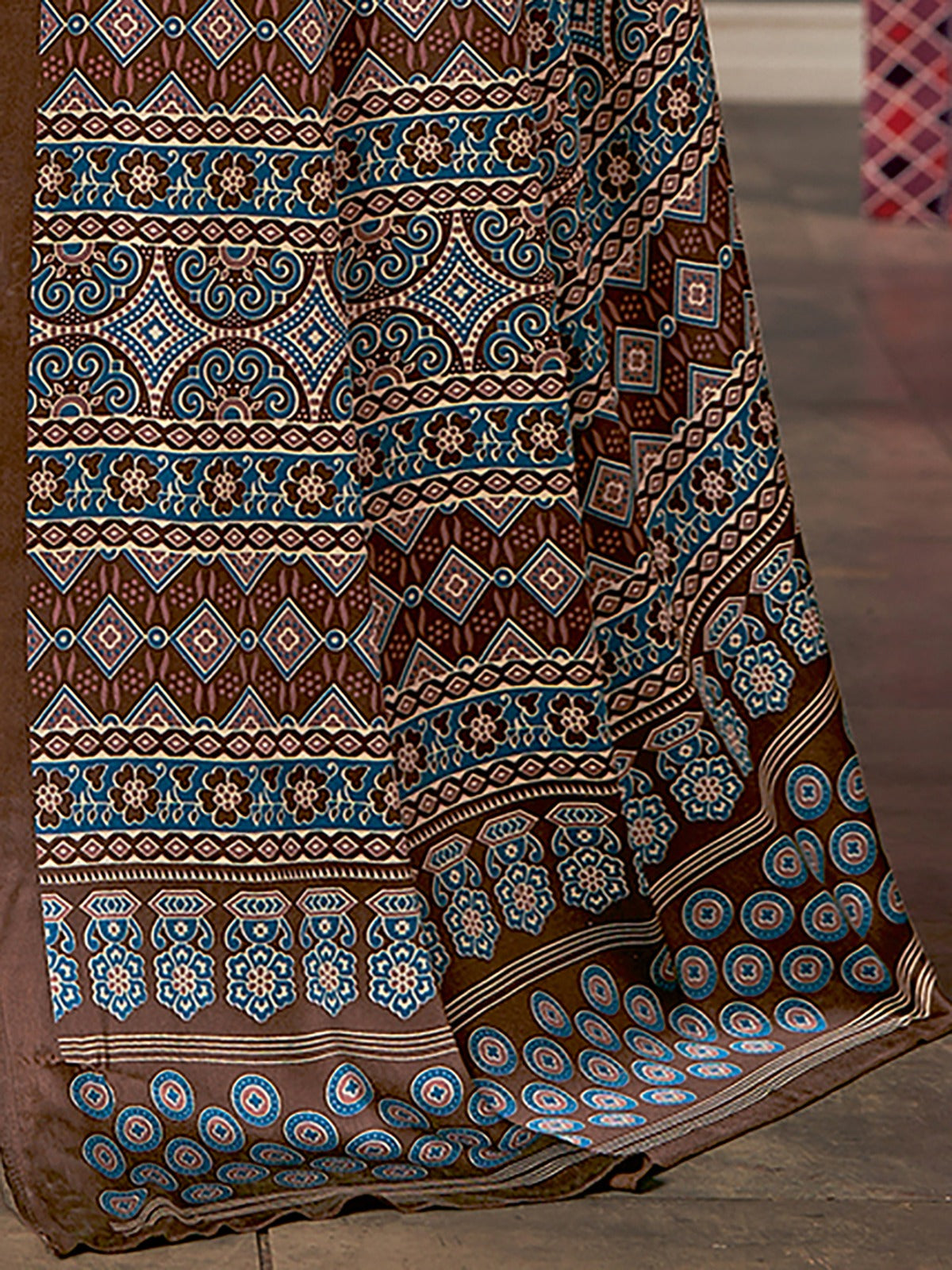 Brown & Teal Ajrak Poly Crepe Block Print Saree