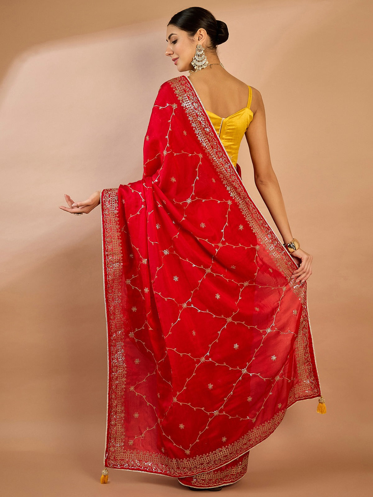 Red Festive Ethnic Motifs Organza Saree