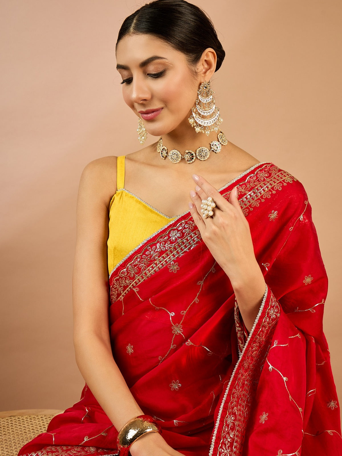 Red Festive Ethnic Motifs Organza Saree