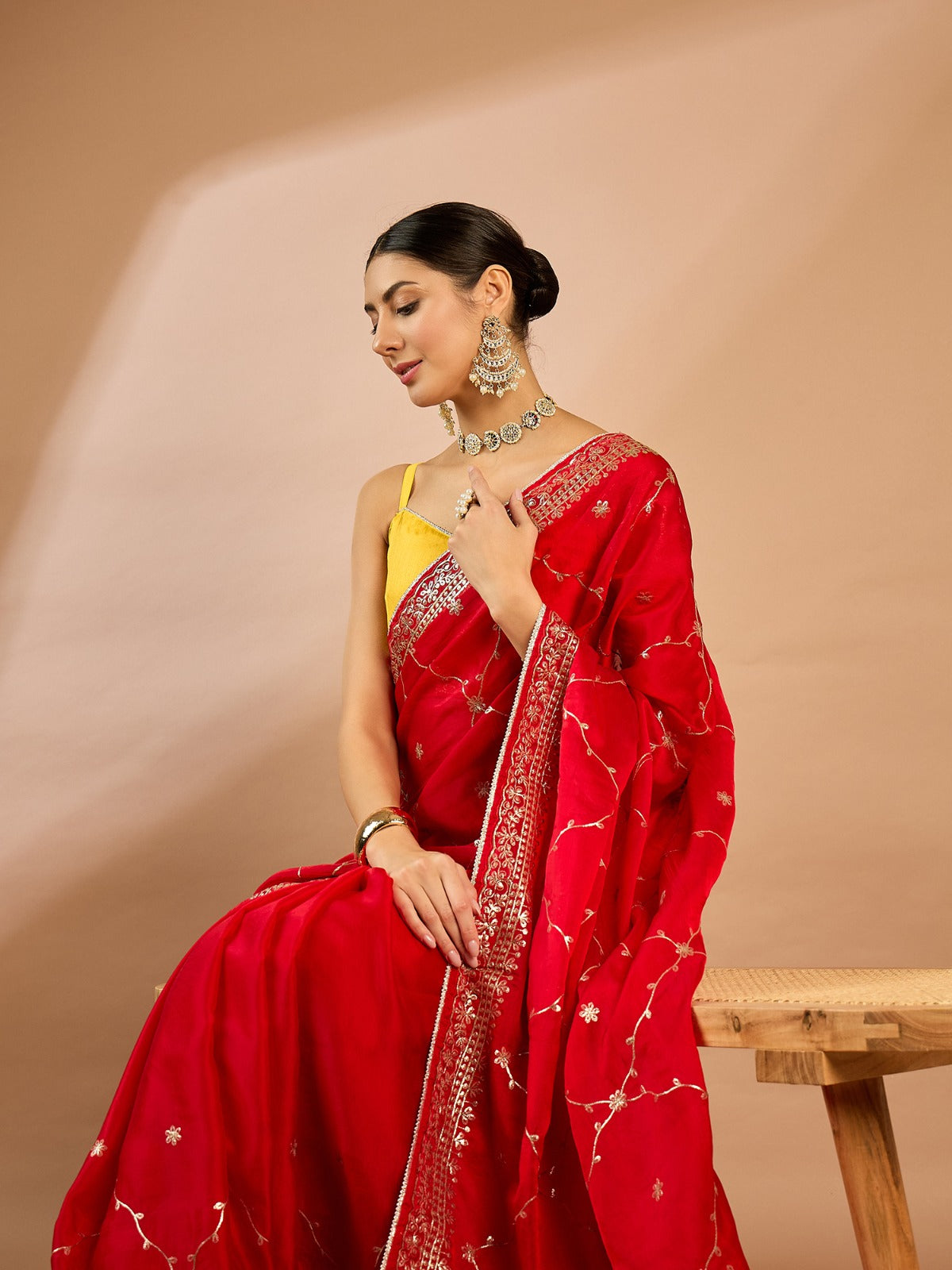 Red Festive Ethnic Motifs Organza Saree