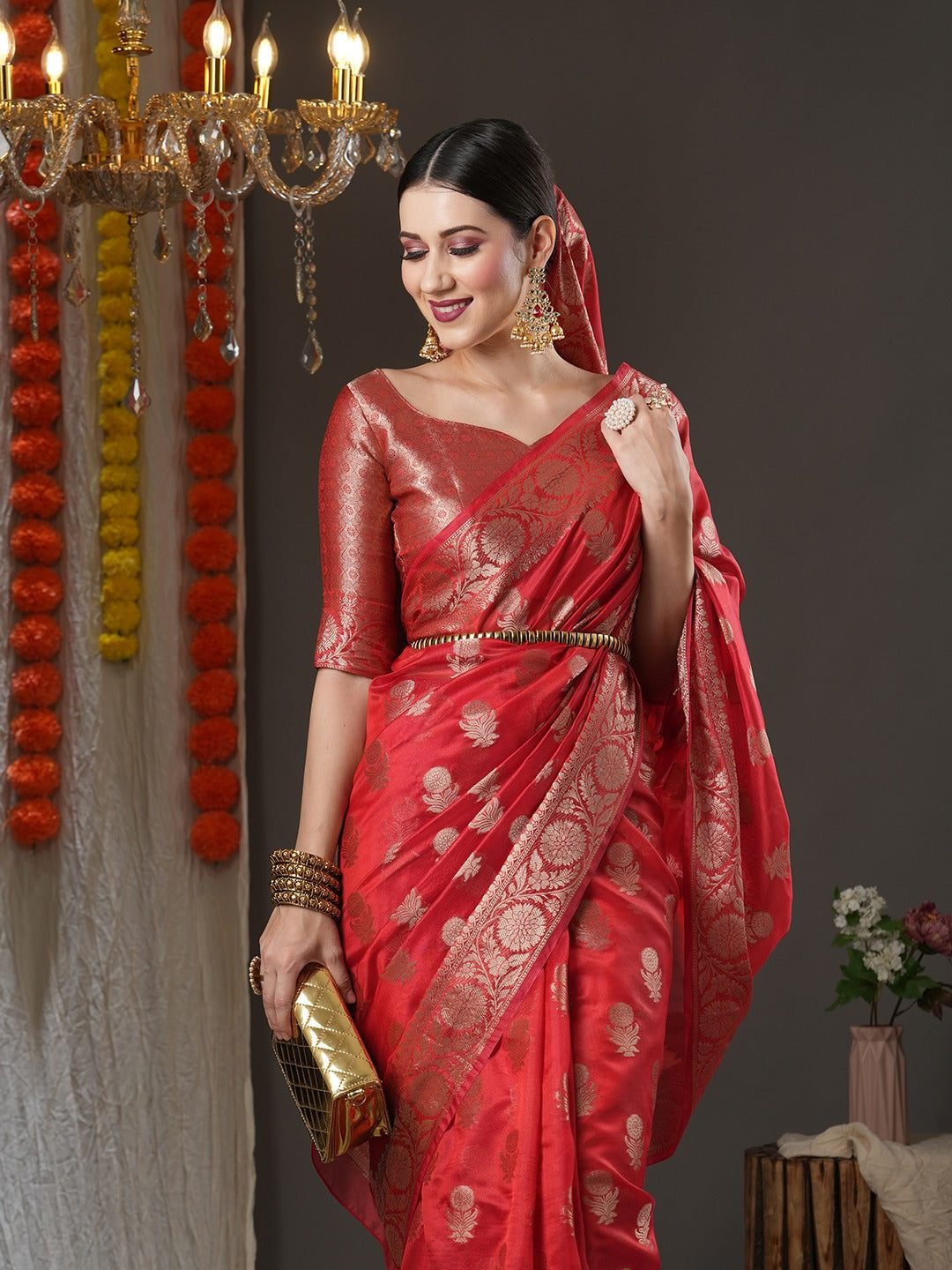 Red & Gold-Toned Woven Design Organza Saree