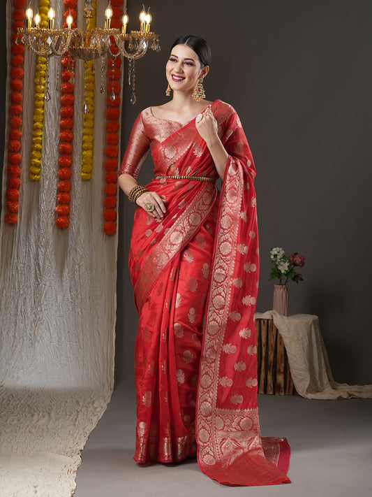 Red & Gold-Toned Woven Design Organza Saree