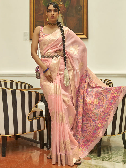 Pink & Gold-Toned Zari Silk Blend Saree