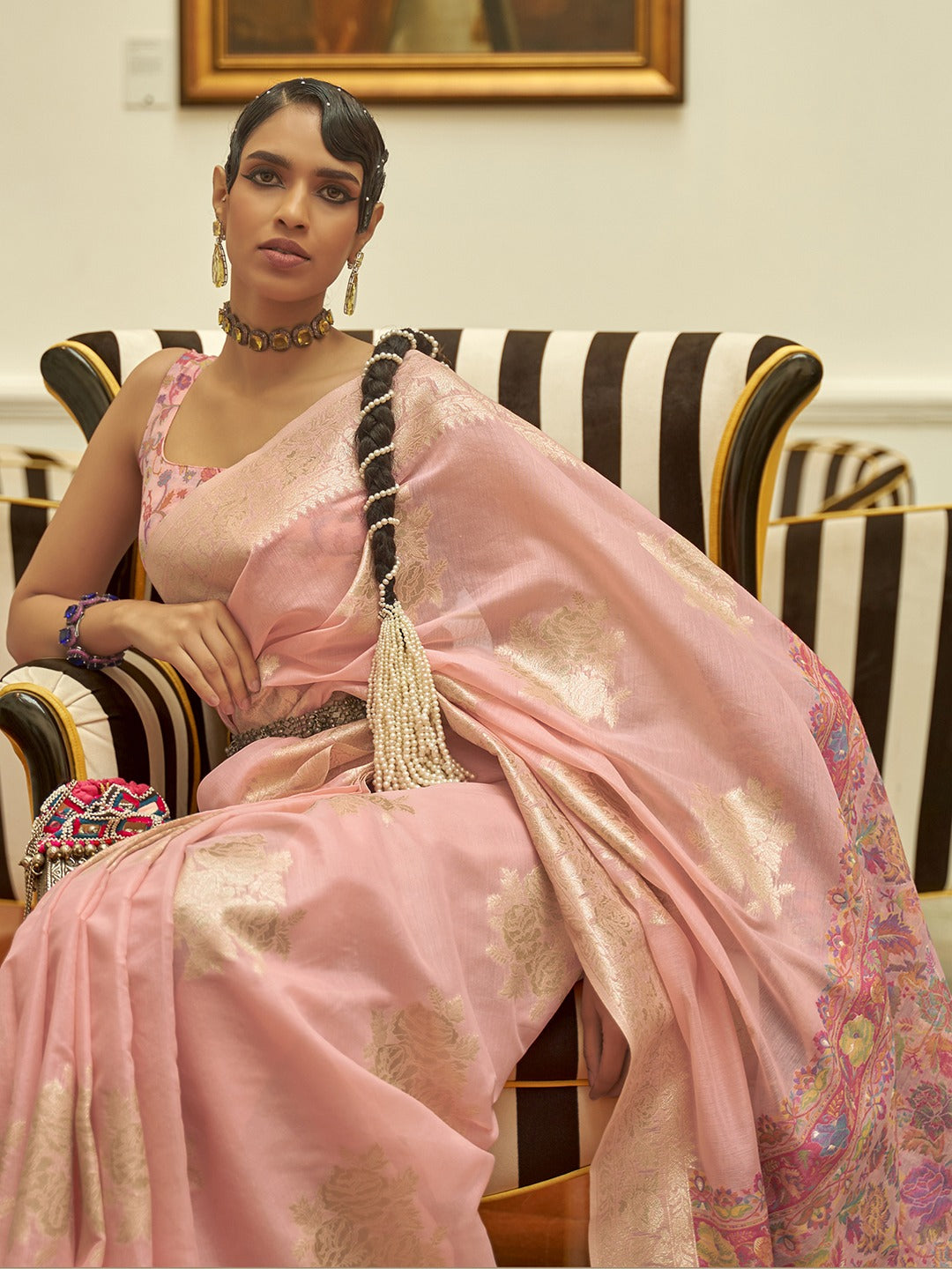 Pink & Gold-Toned Zari Silk Blend Saree