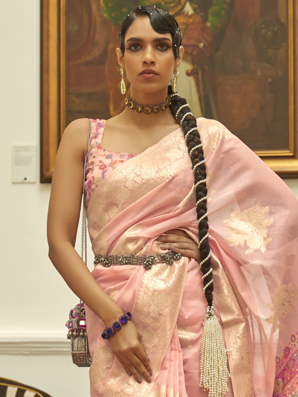 Pink & Gold-Toned Zari Silk Blend Saree