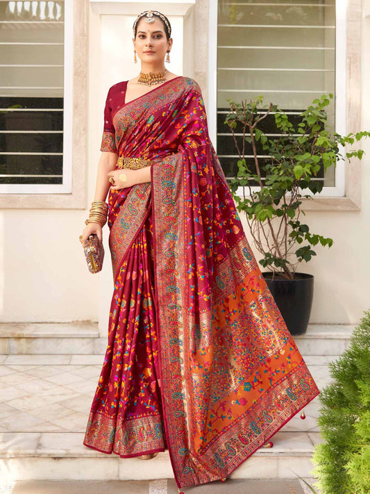 Maroon Floral Printed Zari Bagh Saree