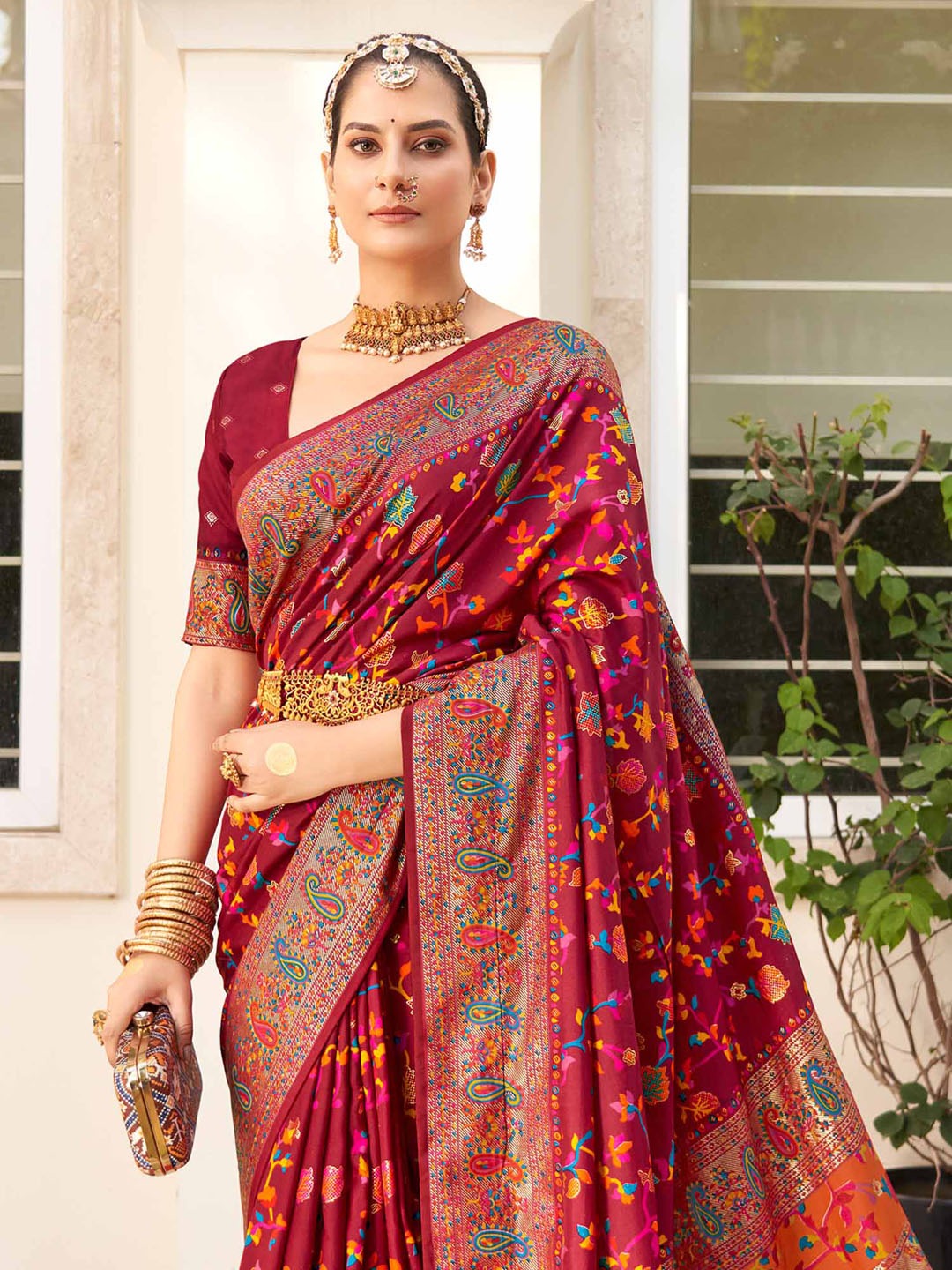 Maroon Floral Printed Zari Bagh Saree