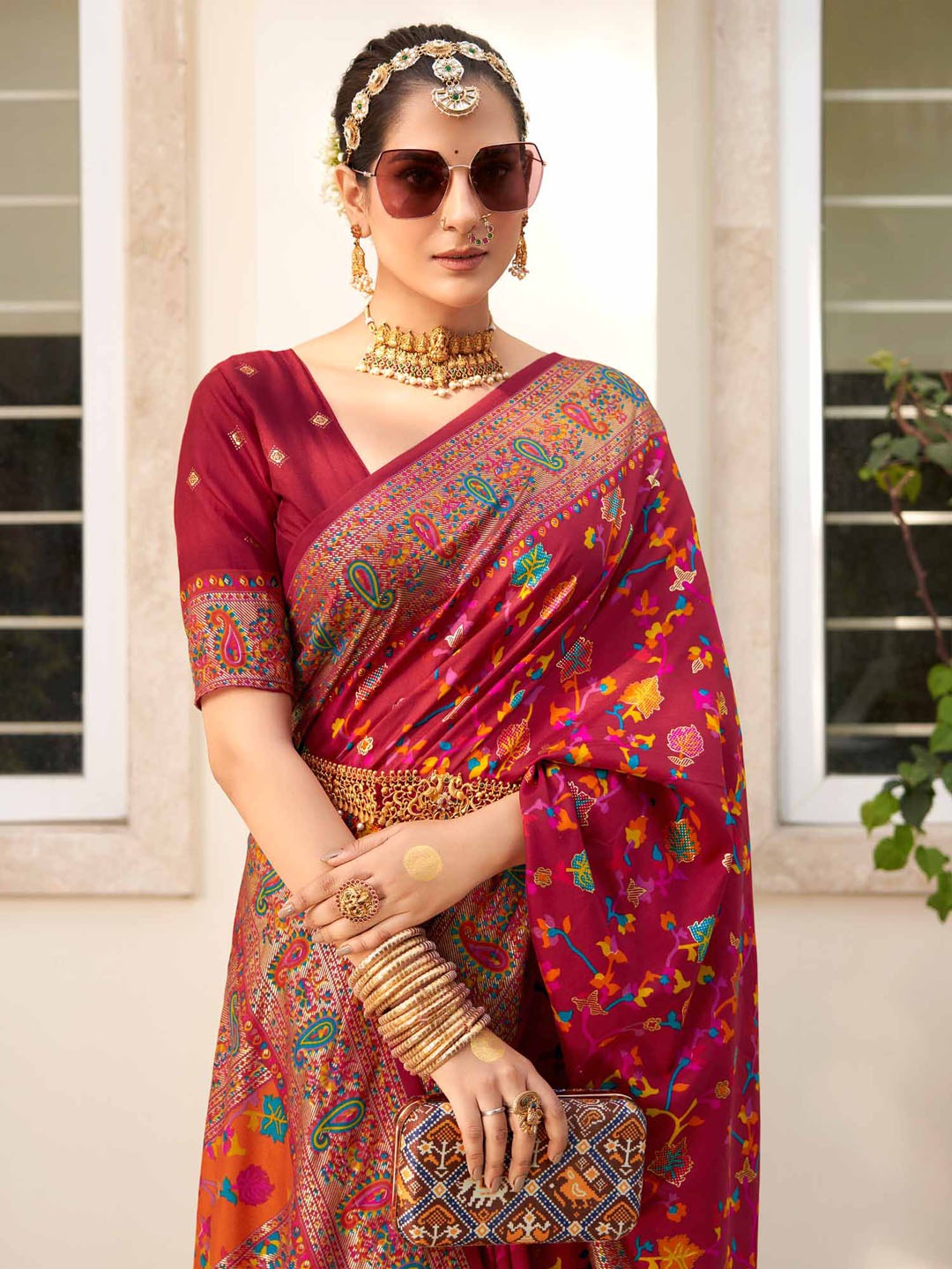 Maroon Floral Printed Zari Bagh Saree