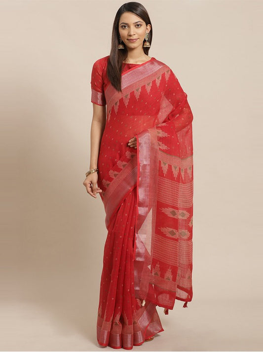 Blazing Red Linen Blend Saree