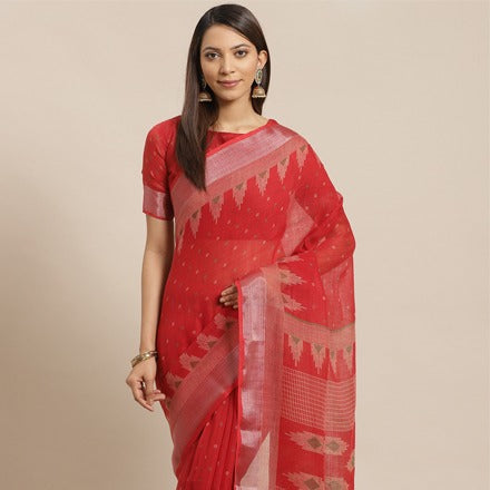 Blazing Red Linen Blend Saree