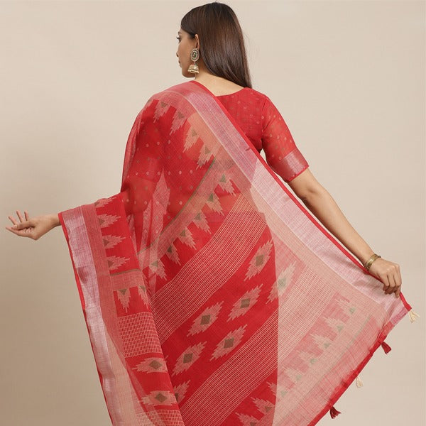 Blazing Red Linen Blend Saree