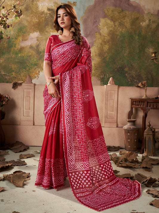 Red Block Print Mirror Work Cotton Saree