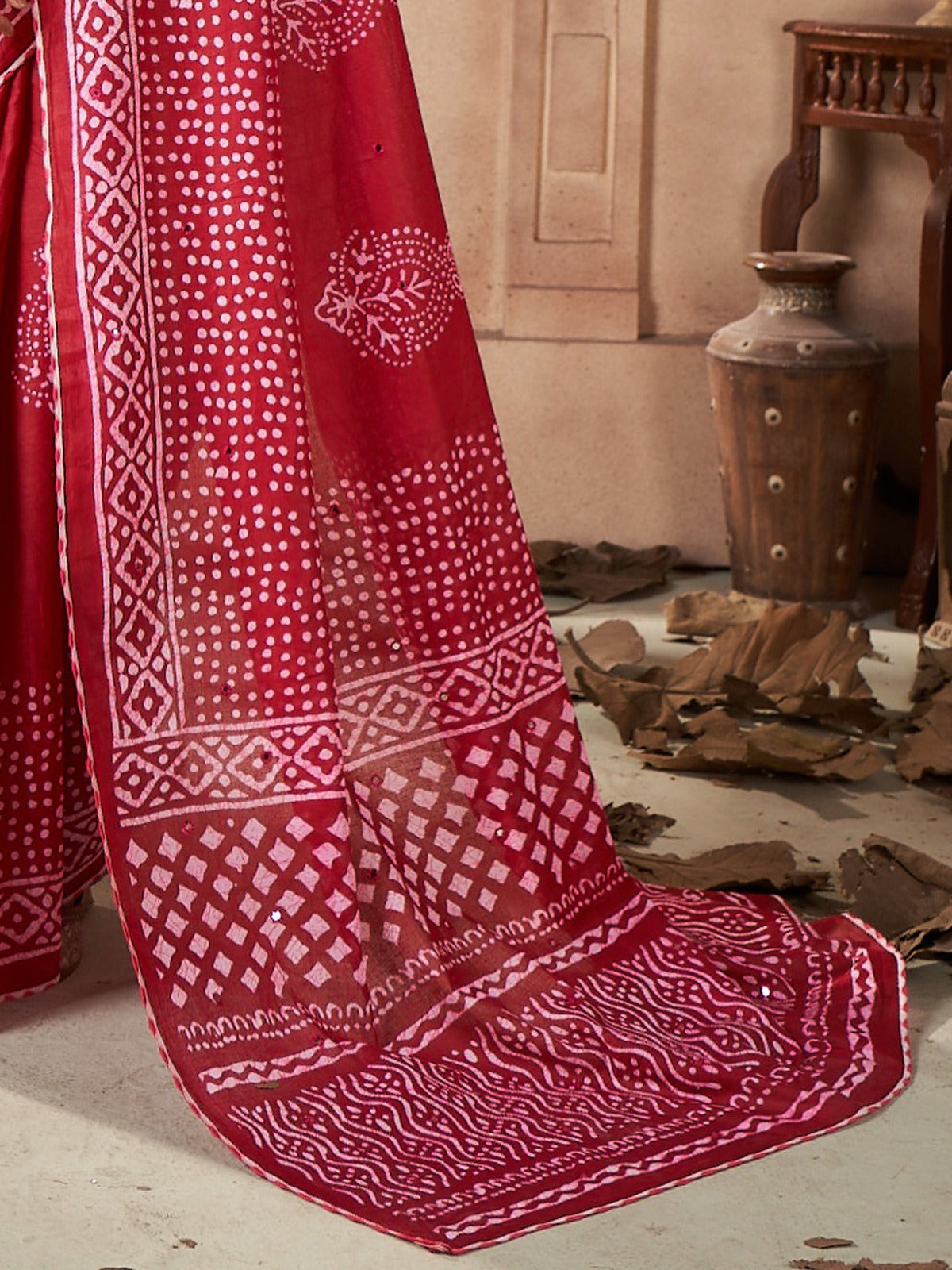 Red Block Print Mirror Work Cotton Saree