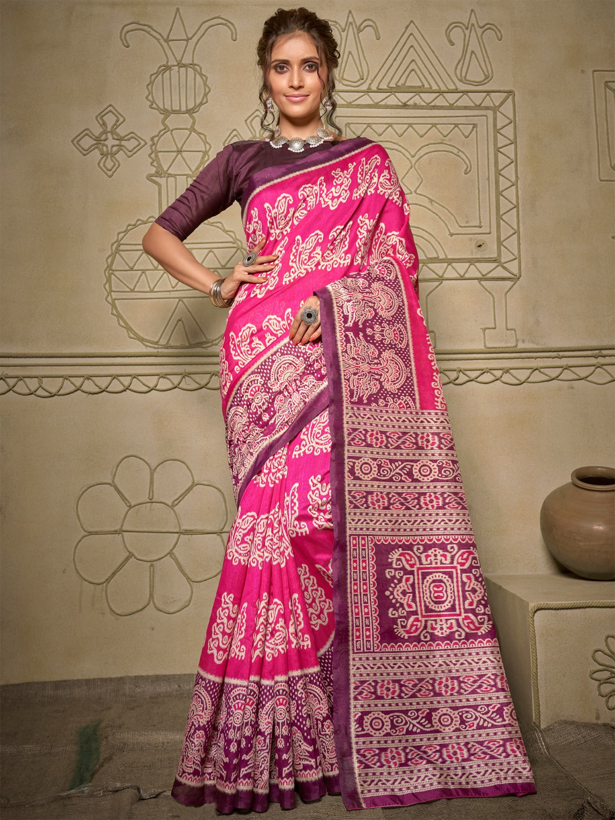 Pink and Purple Ethnic Motifs Ikat Saree