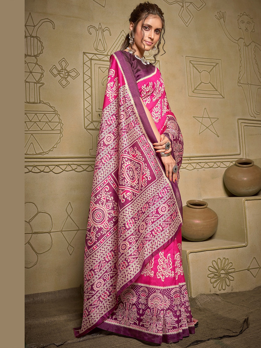 Pink and Purple Ethnic Motifs Ikat Saree