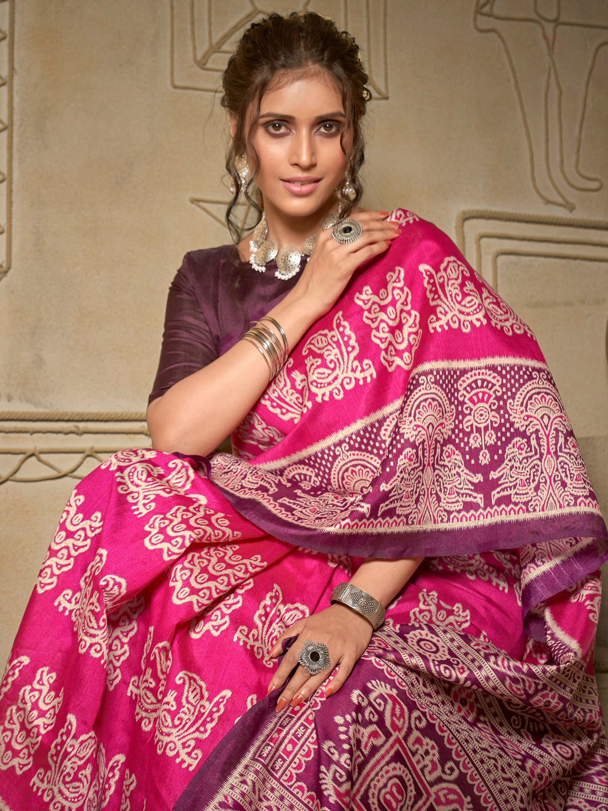 Pink and Purple Ethnic Motifs Ikat Saree