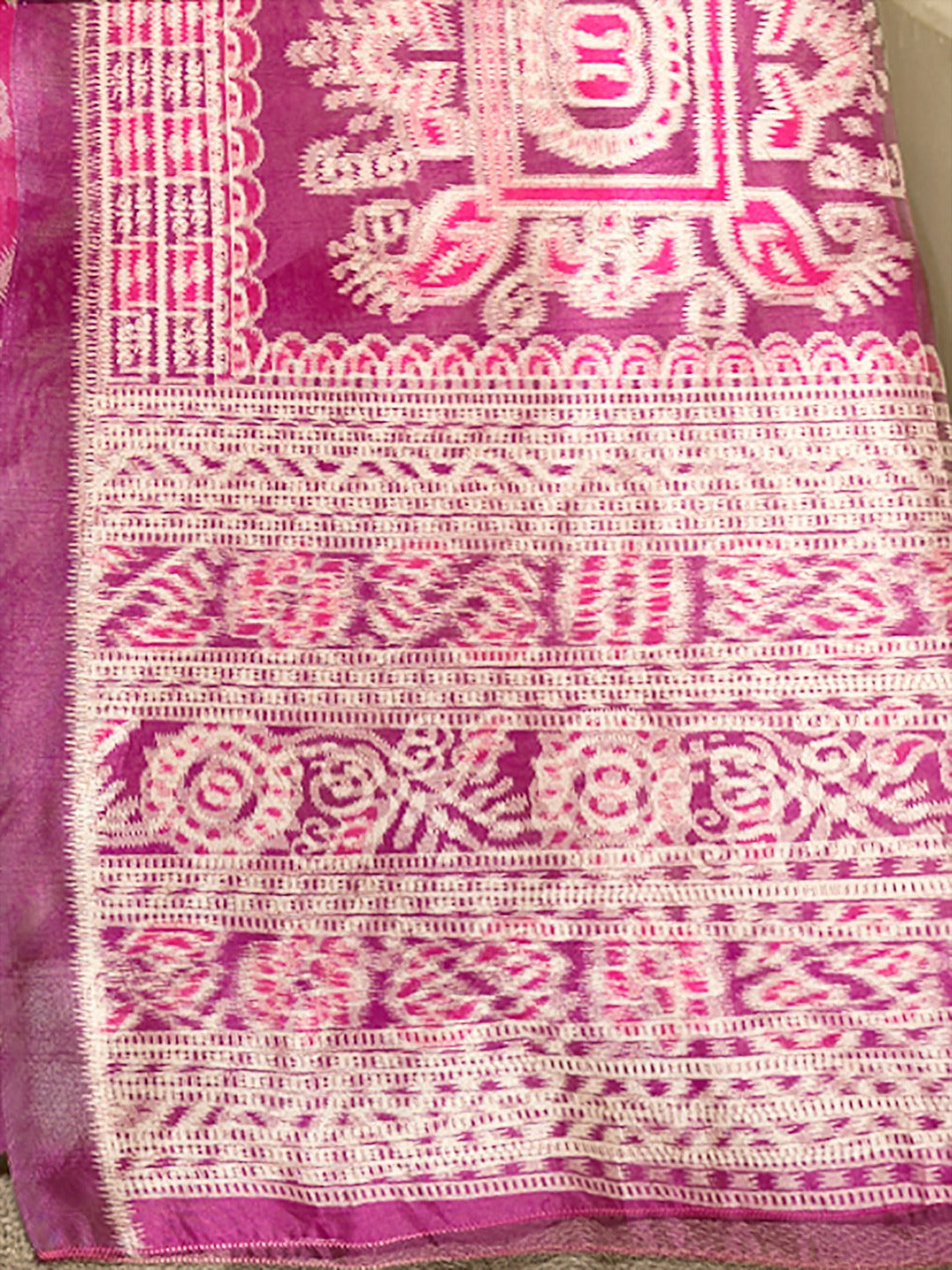 Pink and Purple Ethnic Motifs Ikat Saree