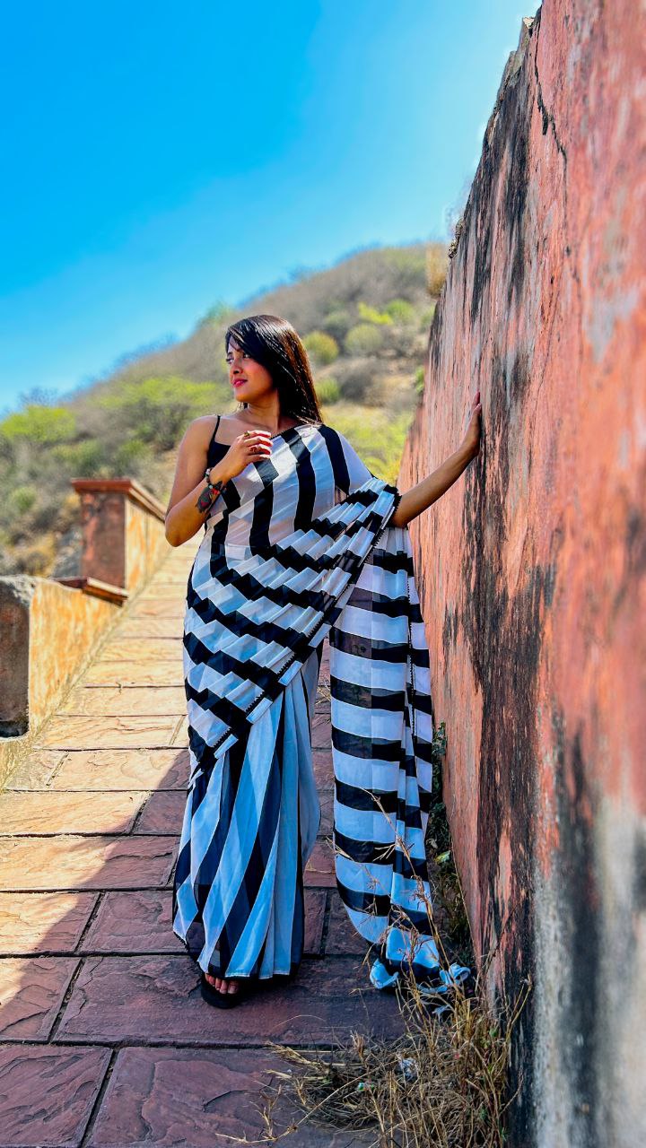 Black and White Striped Ready to wear Saree